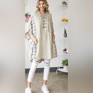 New Oli & Hali WASHED PLAID MIXED HOODED OVERSIZED TUNIC TOP. One size. Fits all